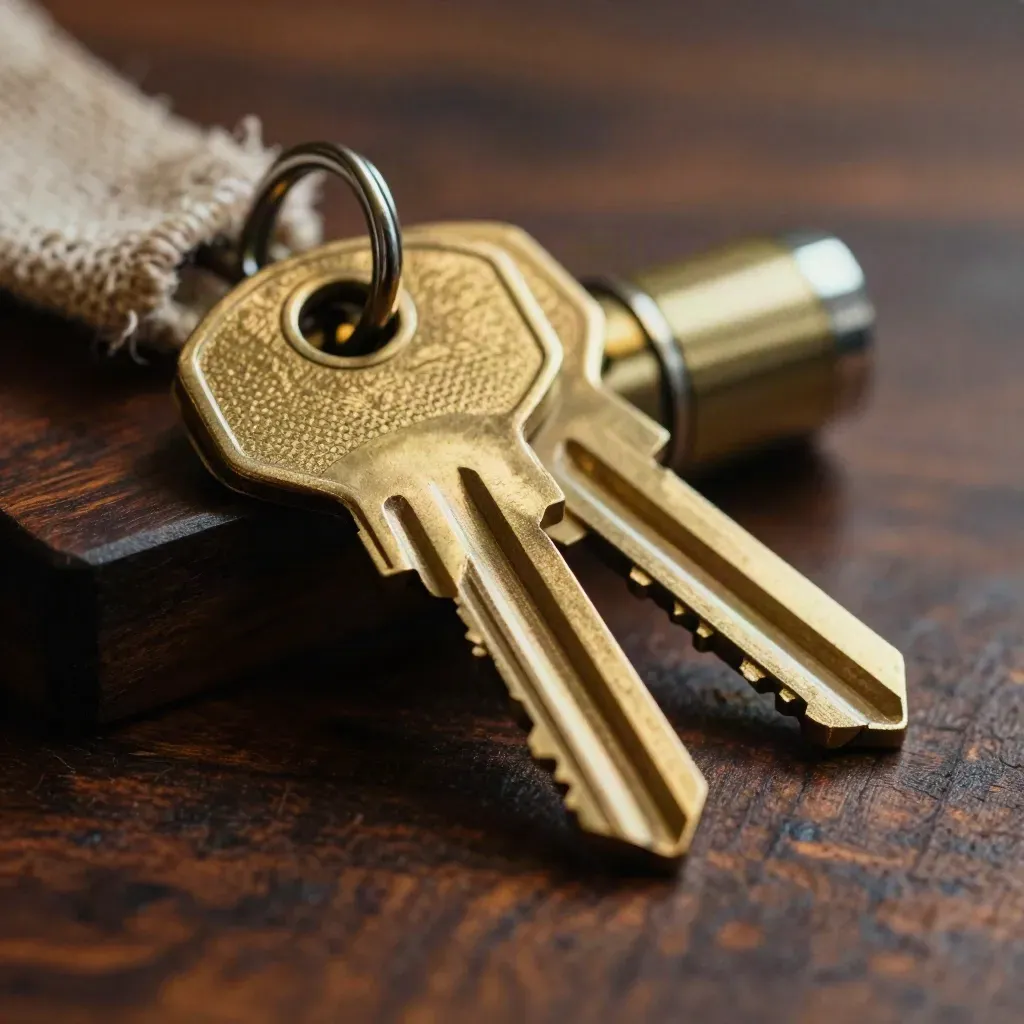 Brass cabin keys, linen loop, and lock cylinder gleam on dark cedar in extreme macro.