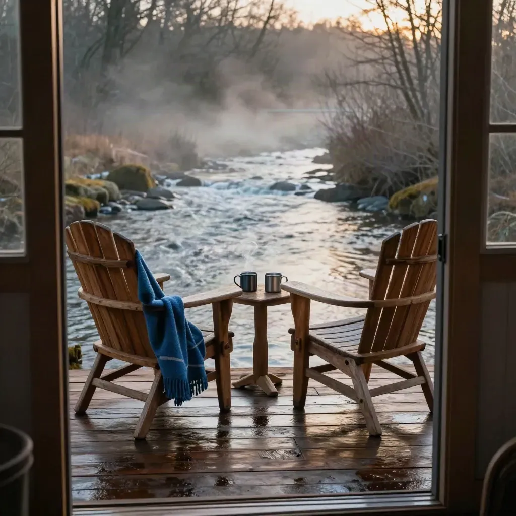 Creek-view cabin deck with two chairs, blanket, steaming mugs, and misty water beyond