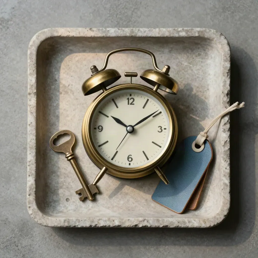 Overhead brass clock, key, and luggage tags on stone for a cabin booking check-dates step.