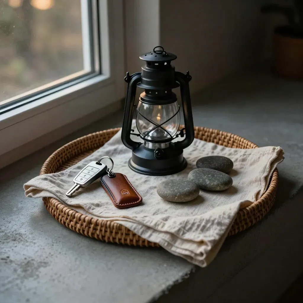 Lantern, cabin key, car key, stones and linen on a woven tray at a creekside entry.