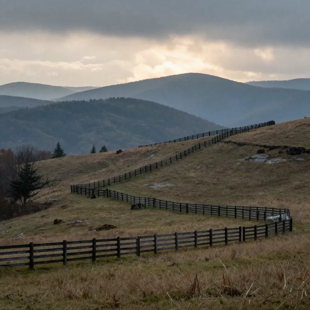 Blue Ridge foothills with pasture, cedar fences, and misty layered ridges under late light.