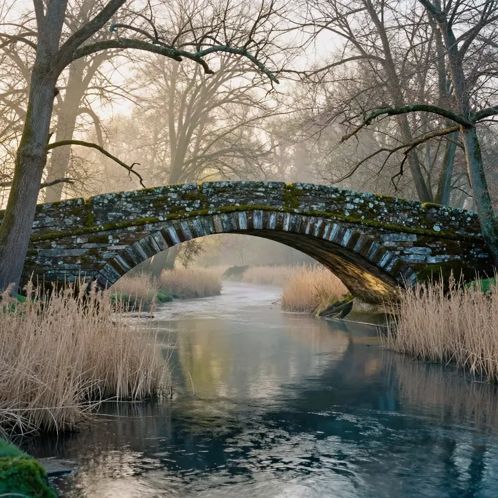 Misty Pisgah Forest bridge over a dark river bend beneath tall hardwood canopy.