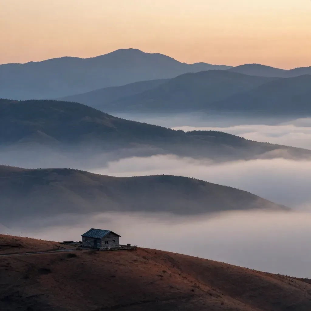 Smoky Mountain ridges in sunset haze with a lone cabin roofline above a misty valley.