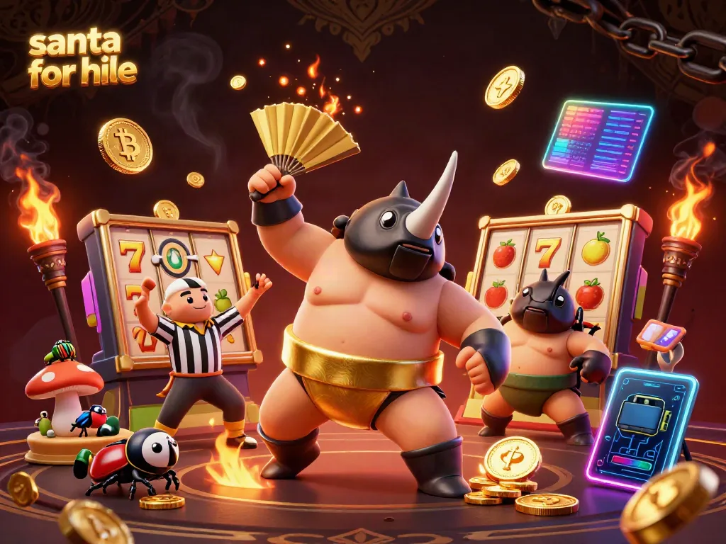 Engaging scene with Santa for hire as a cartoon beetle betting at a lively casino surrounded by slot elements.