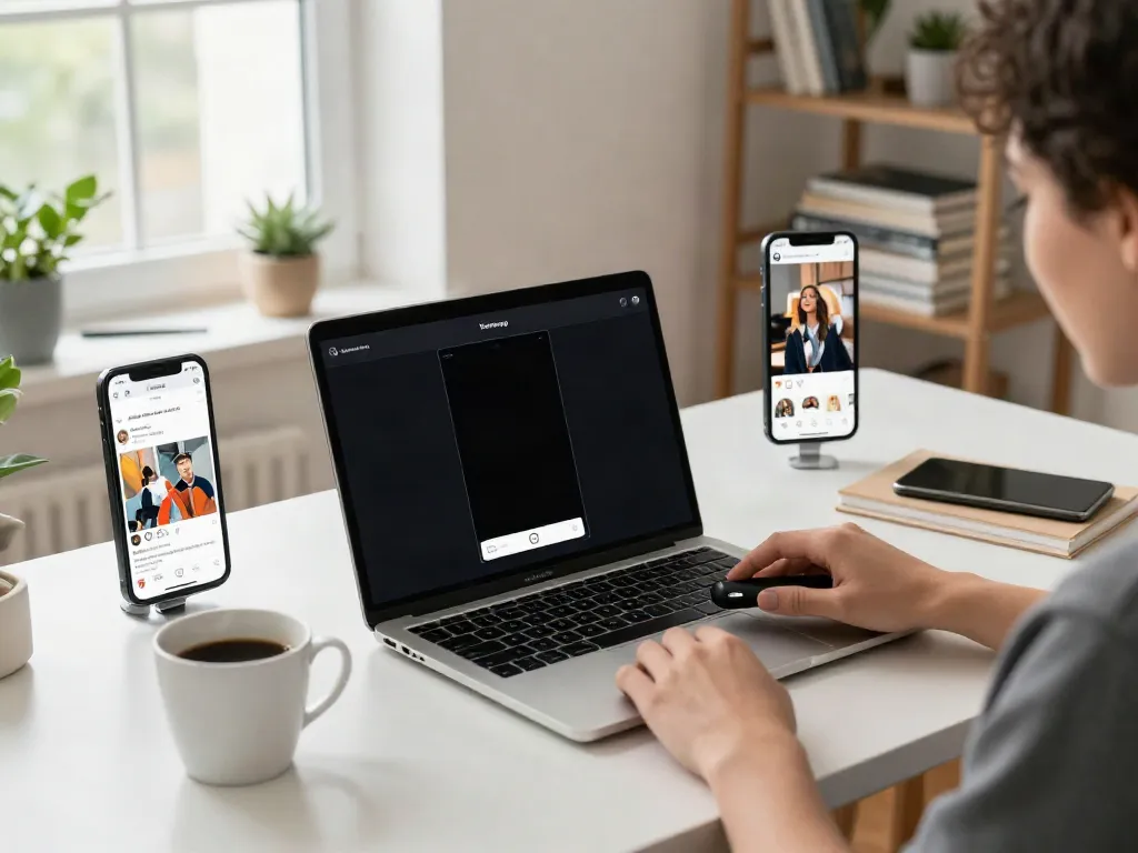 Engaged user exploring Insanony on laptop in a modern home office.