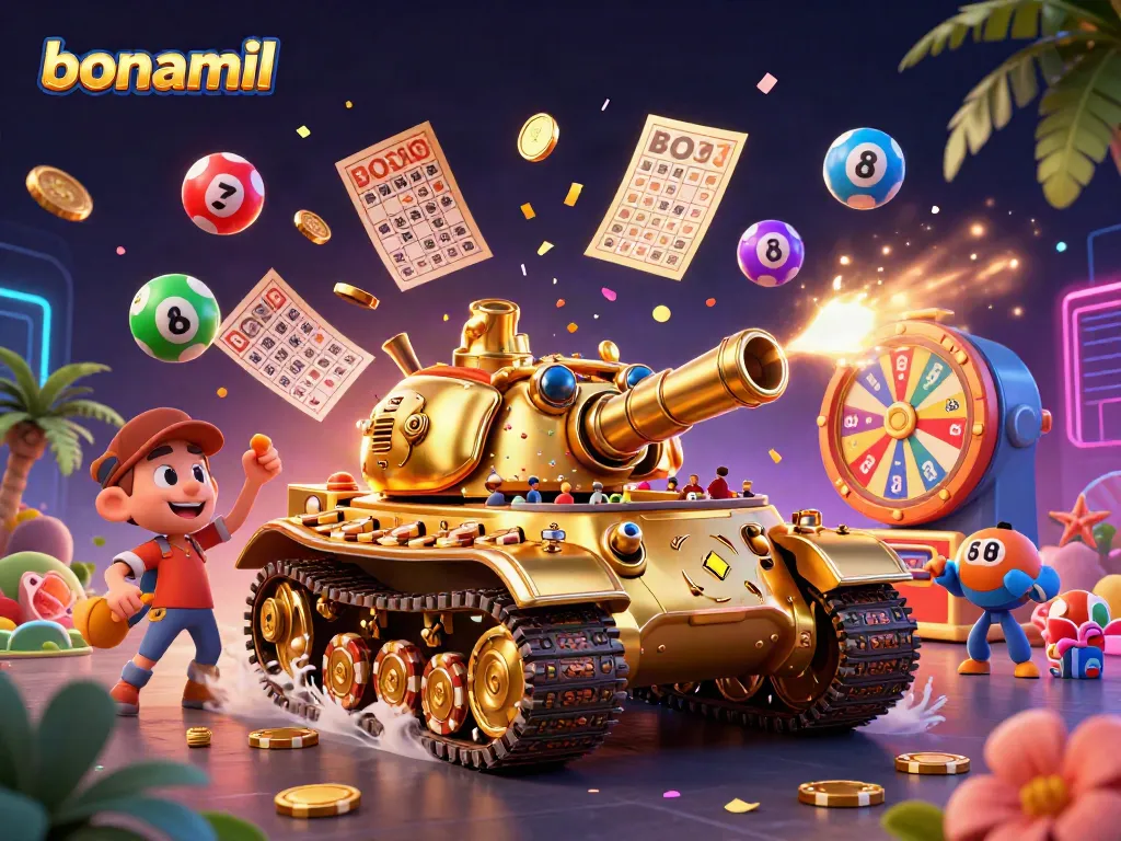 Permainan beruntung bonamil dalam ilustrasi 3D menyenangkan dengan kasino mini dan bola lotere