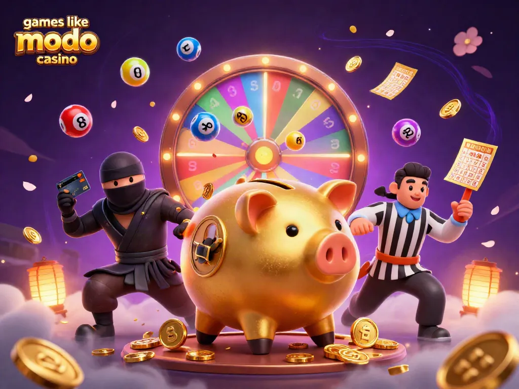 Experience excitement with games like modo casino in this vibrant 3D illustration featuring dynamic characters and game elements.