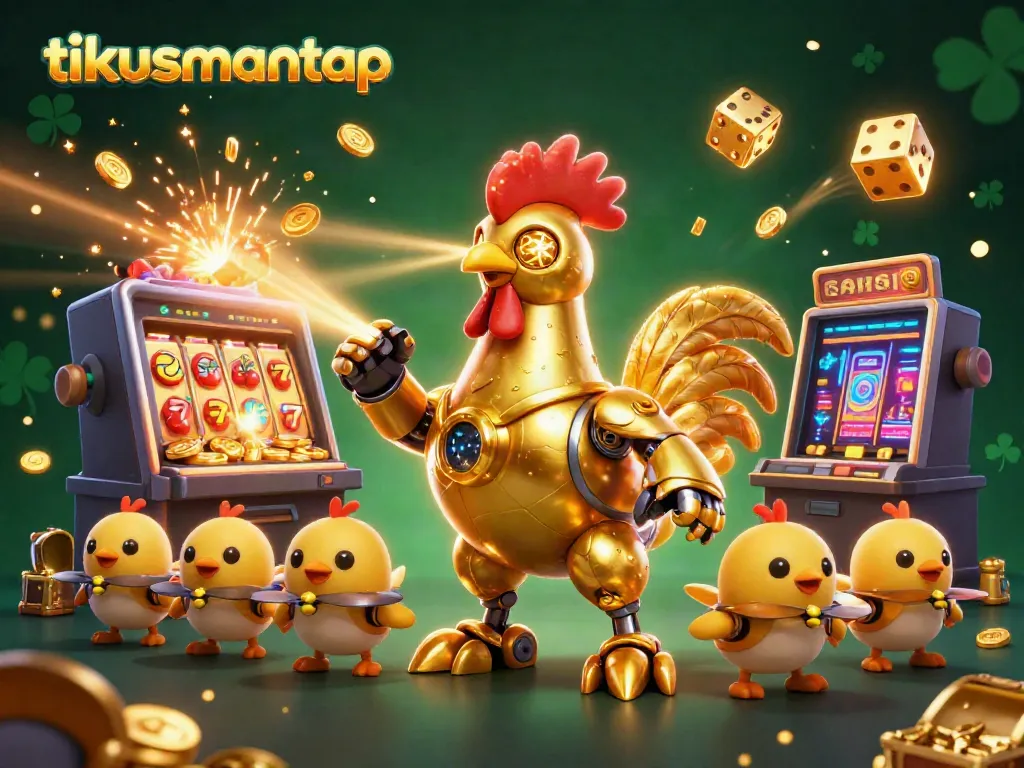 Experience ultimate excitement with tikusmantap's vibrant game atmosphere featuring golden rooster robot and casino treasures.