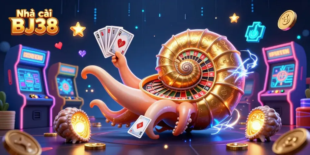 Engage with thrilling gaming at Nhà cái BJ38, featuring a vibrant 3D casino illustration.