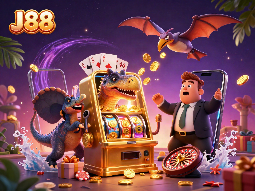 Experience the excitement at J88 as a pachycephalosaurus wins a jackpot next to a panicked manager.