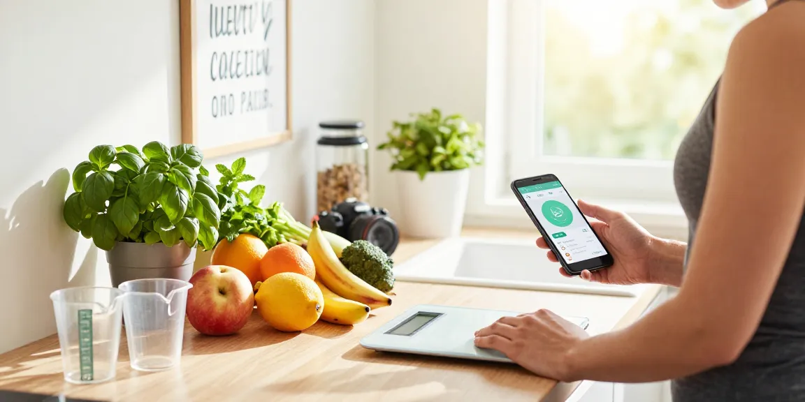 Engaging scene of a fitness enthusiast using the best calorie tracking apps while meal prepping healthy ingredients.