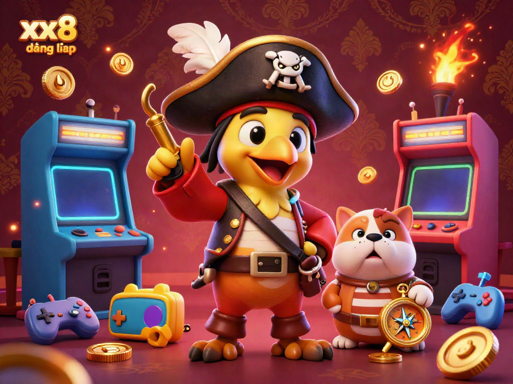 Experience the thrill of gaming with the vibrant xx8 đăng nhập scene, featuring a pirate captain, bulldog, and cat navigator.