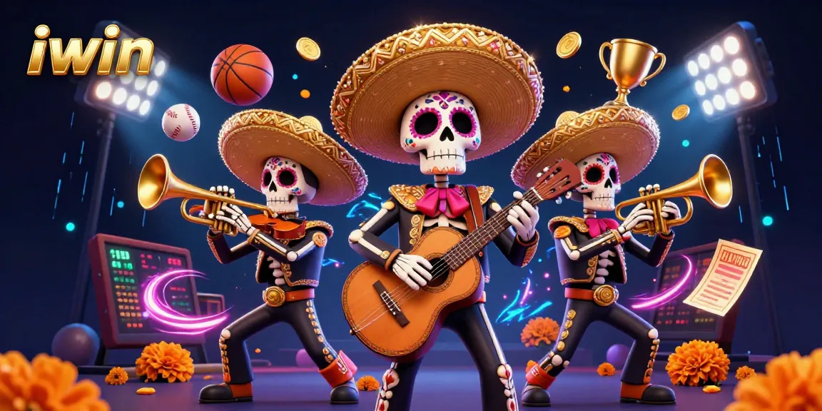 Join the fun at iwin with a vibrant scene featuring a Day of the Dead mariachi band amidst dynamic sports elements.
