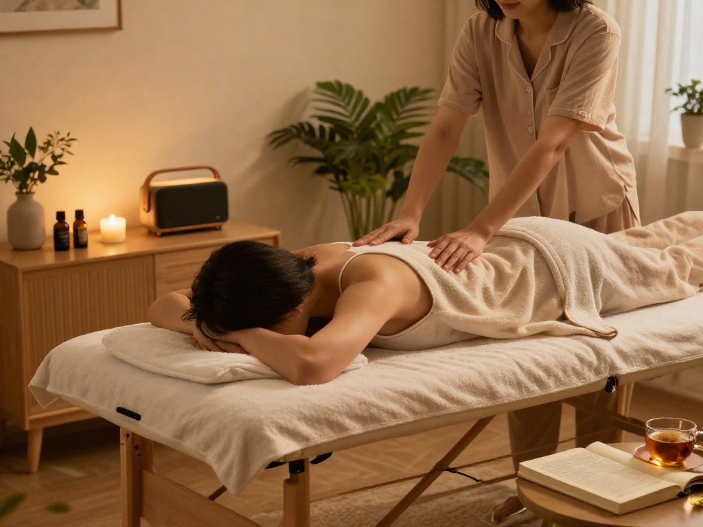 Enjoying a soothing 의왕출장마사지 at home, with calming candles and essential oils creating a relaxing atmosphere.