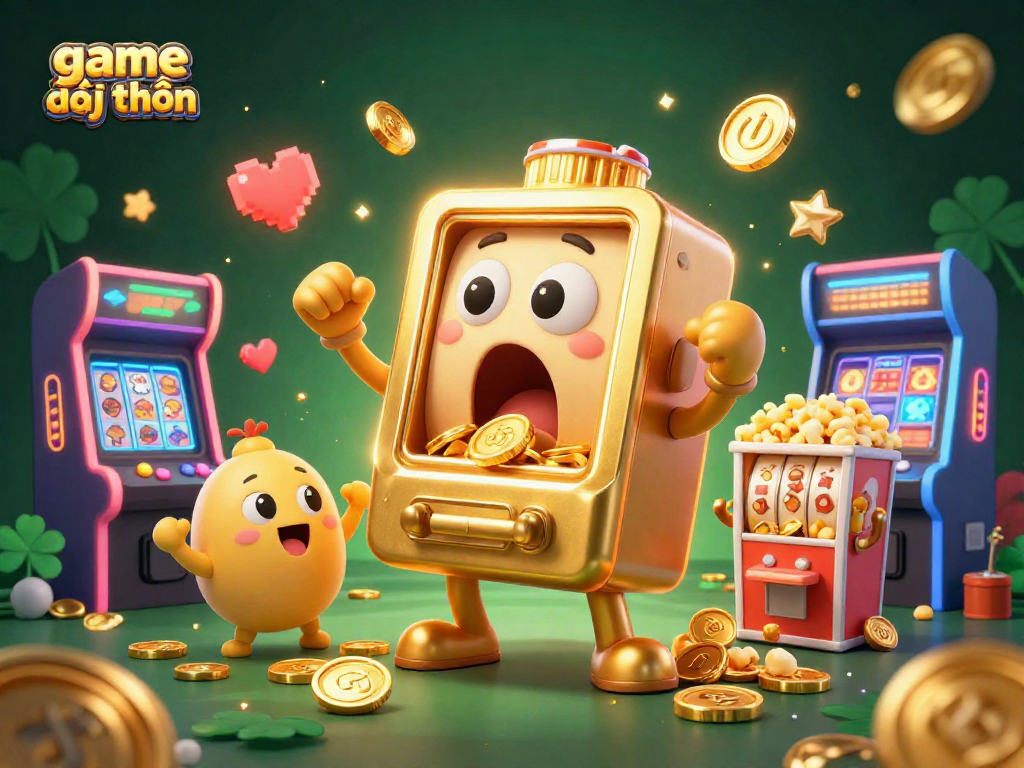 Engage with game đổi thưởng as a golden slot machine hits the jackpot amidst cheering mini slots and arcade elements.