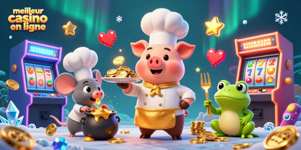Illustration d'un chef pig servant des pièces d'or dans le meilleur casino en ligne, entouré de machines colorées.