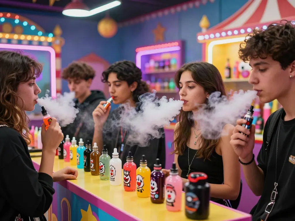 Diverse group of young adults enjoying clown vape flavors at a carnival-themed vape shop.
