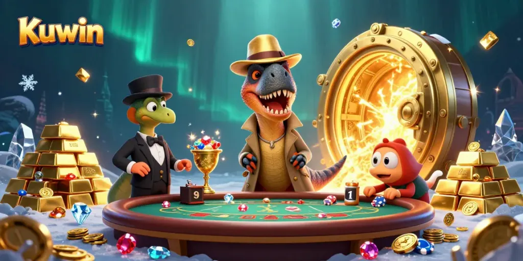 Kuwin showcases a velociraptor card counter at a dynamic blackjack table with surrounding treasures and casino elements.