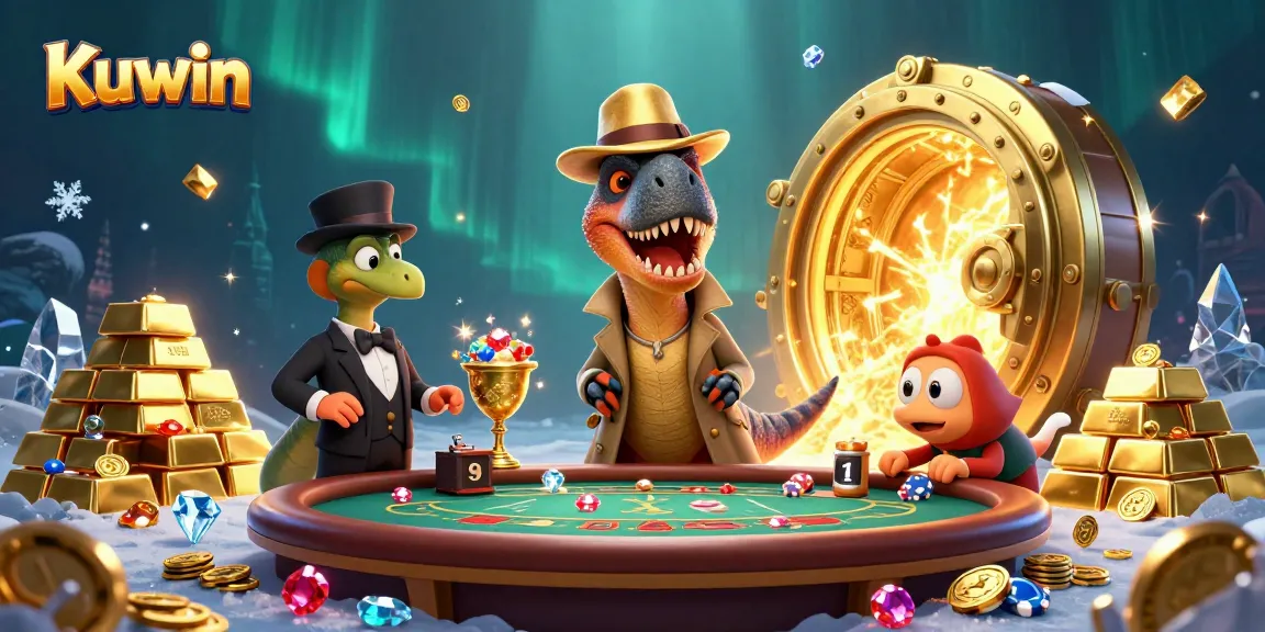 Kuwin showcases a velociraptor card counter at a dynamic blackjack table with surrounding treasures and casino elements.