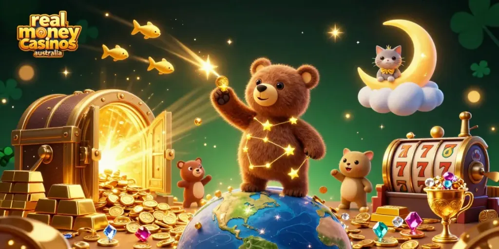 Experience the magic of real money casinos Australia with a vibrant 3D illustration of a constellation bear and treasures.