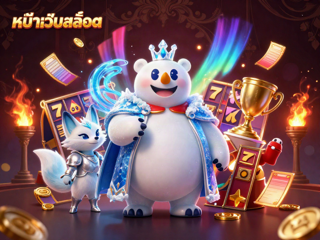 Engage with the vibrant casino scene featuring หน้าเว็บสล็อต, dynamic slot reels, and cartoon characters.