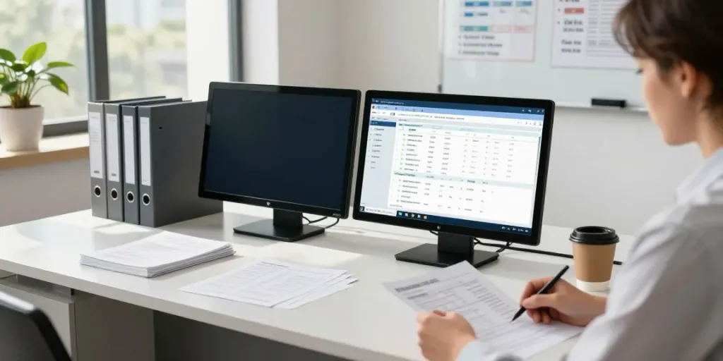 Tax Software for tax pros in a modern office setting with a focused preparer and dual monitors.