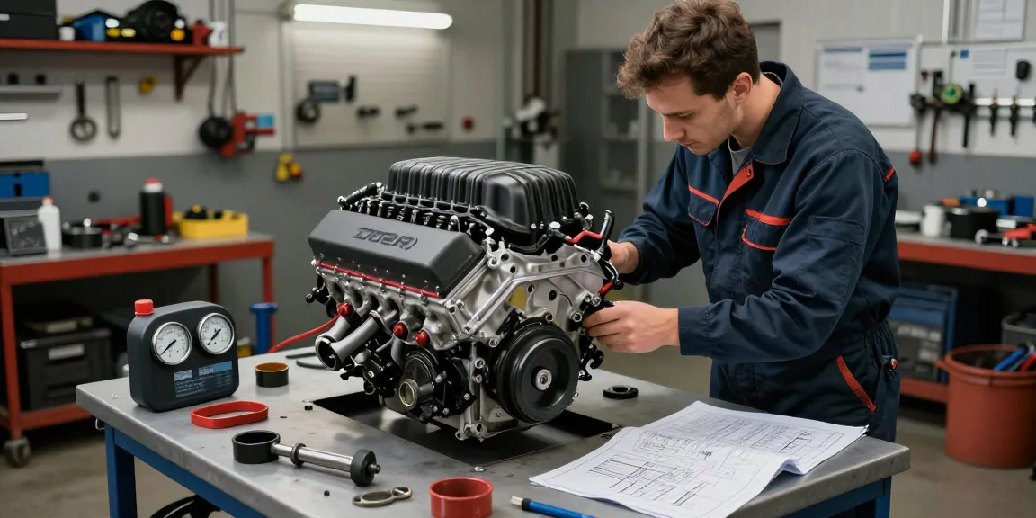 Hellcat engine for sale displayed in a professional workshop with tools and blueprints.