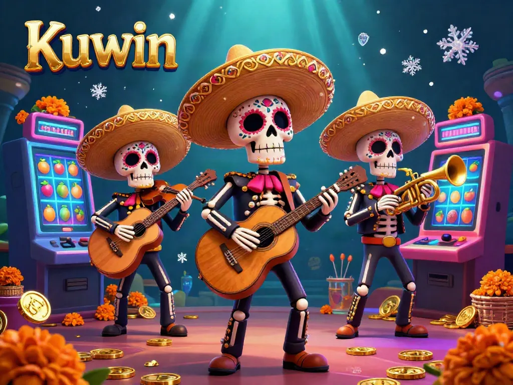 Kuwin showcases a vibrant casino scene with mariachi skeletons and colorful slot machines.