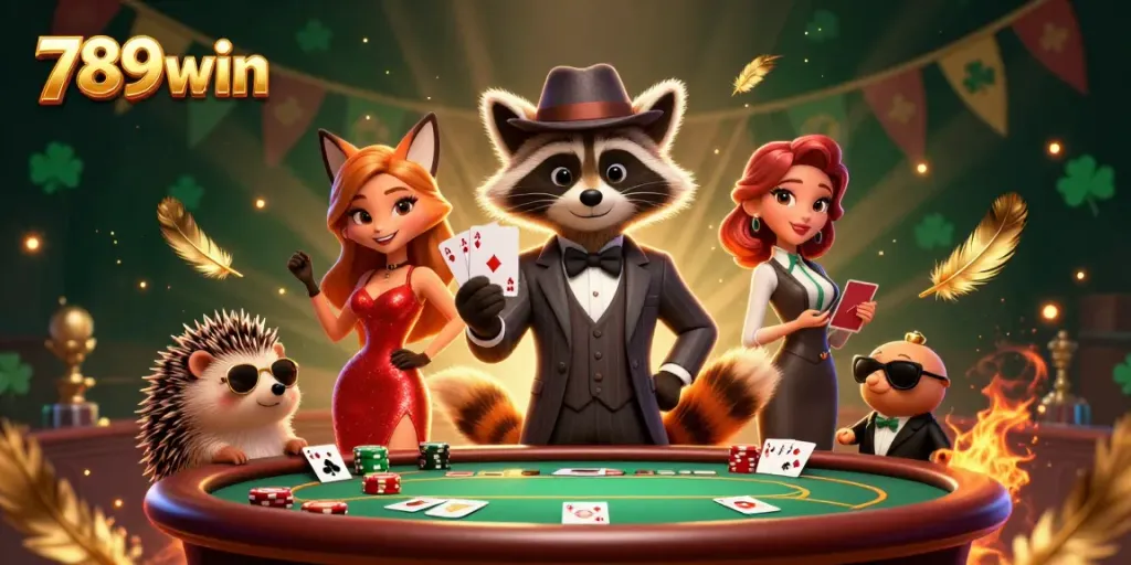 Win big at 789win with captivating casino characters enjoying a royal flush in a vibrant setting.
