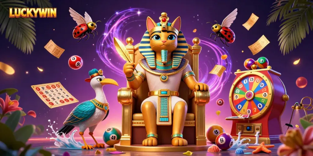 Experience the thrill of LUCKYWIN with vibrant lottery balls, prizes, and a captivating scene.