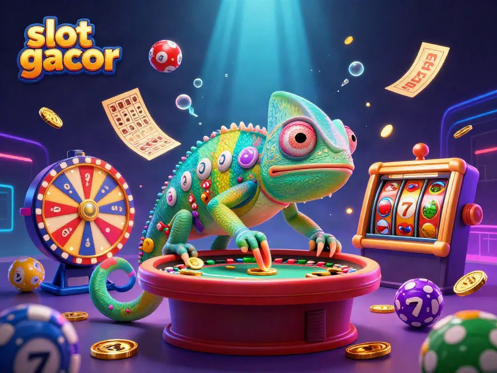 Experience the thrilling dynamics of slot gacor as our chameleon owner captures coins, surrounded by vibrant game elements.