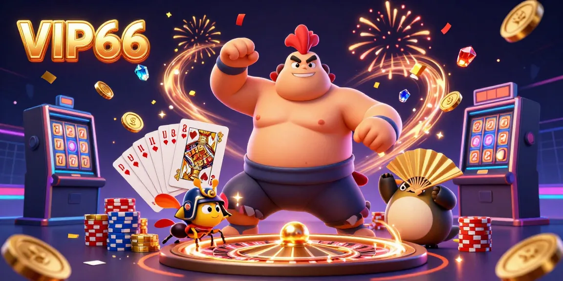 Experience the excitement of VIP66 with a powerful sumo rooster and gold coins flying around.