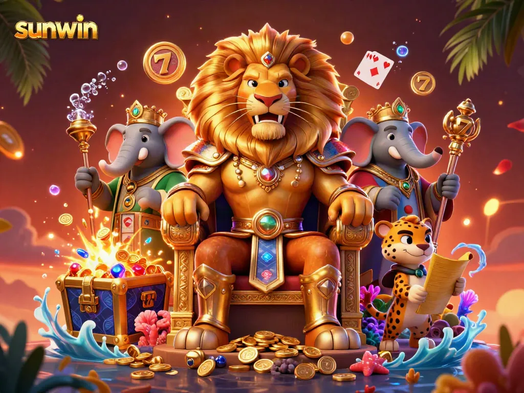 Sunwin captivates players with vibrant slot elements and a regal lion king illustration.