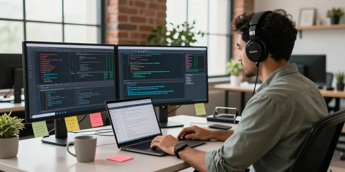 Developer working on multi-ticker India stock API integration in a modern office.