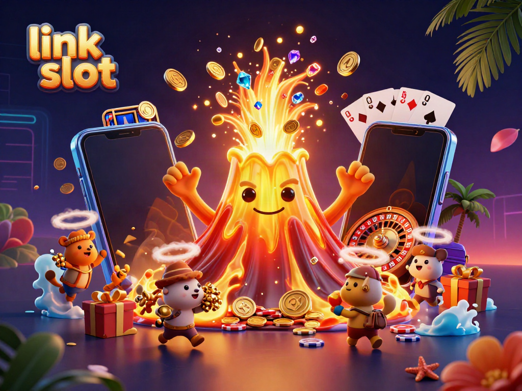 Engage with the thrilling world of link slot games as a golden volcano erupts coins and treasures amidst an exciting casino atmosphere.