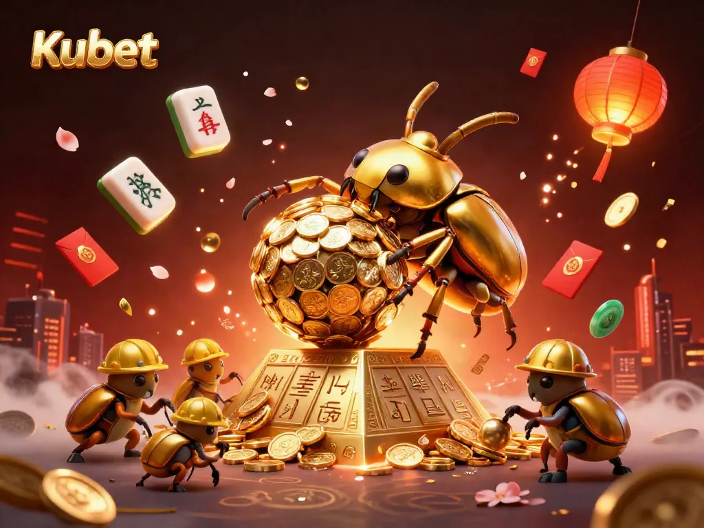Kubet brings excitement with golden beetles rolling coins and lively casino symbols in a vibrant scene.