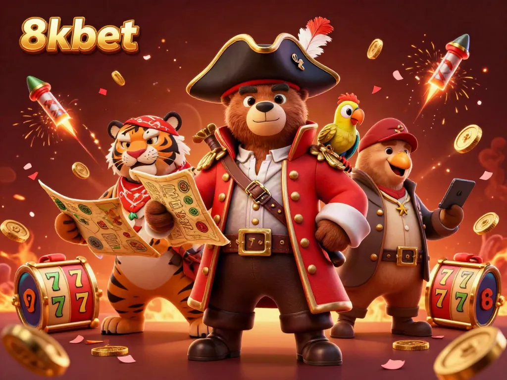 Engage with excitement at 8xbet, featuring vibrant slots, a pirate bear, and festive elements.