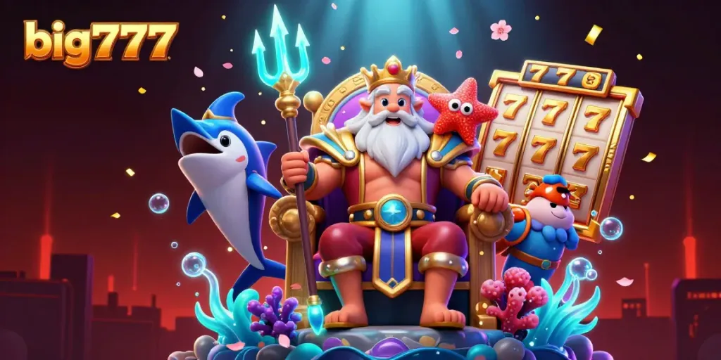 Experience big777 with vibrant visuals showcasing a 3D sea king and jackpot elements in an exciting casino setting.