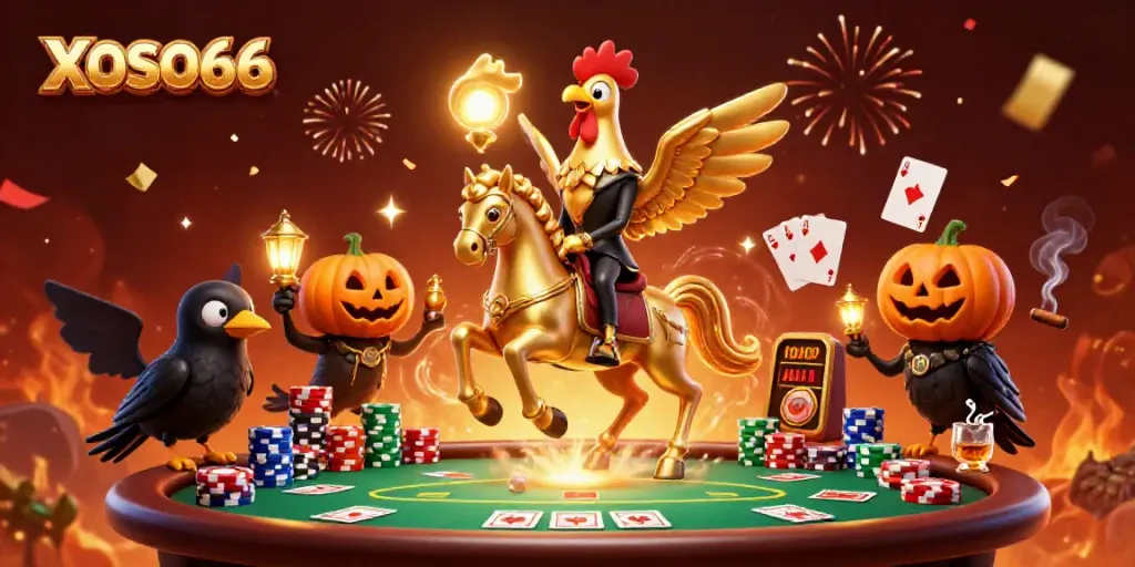 Experience the thrilling ambiance of XOSO66 casino with a golden rooster character amidst vibrant gaming elements.