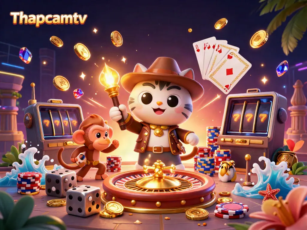 Thapcamtv features an exciting scene with a cartoon cat and monkey uncovering casino treasures.