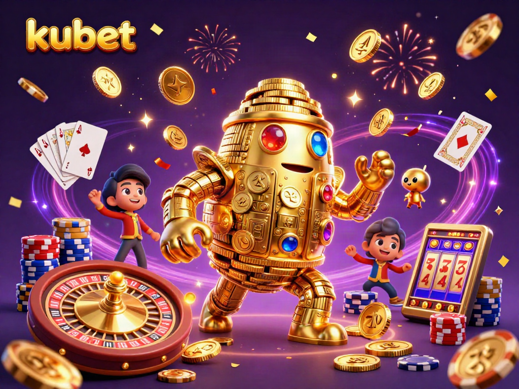 Experience thrilling kubet gaming with a dynamic, celebratory casino scene featuring a golden golem.