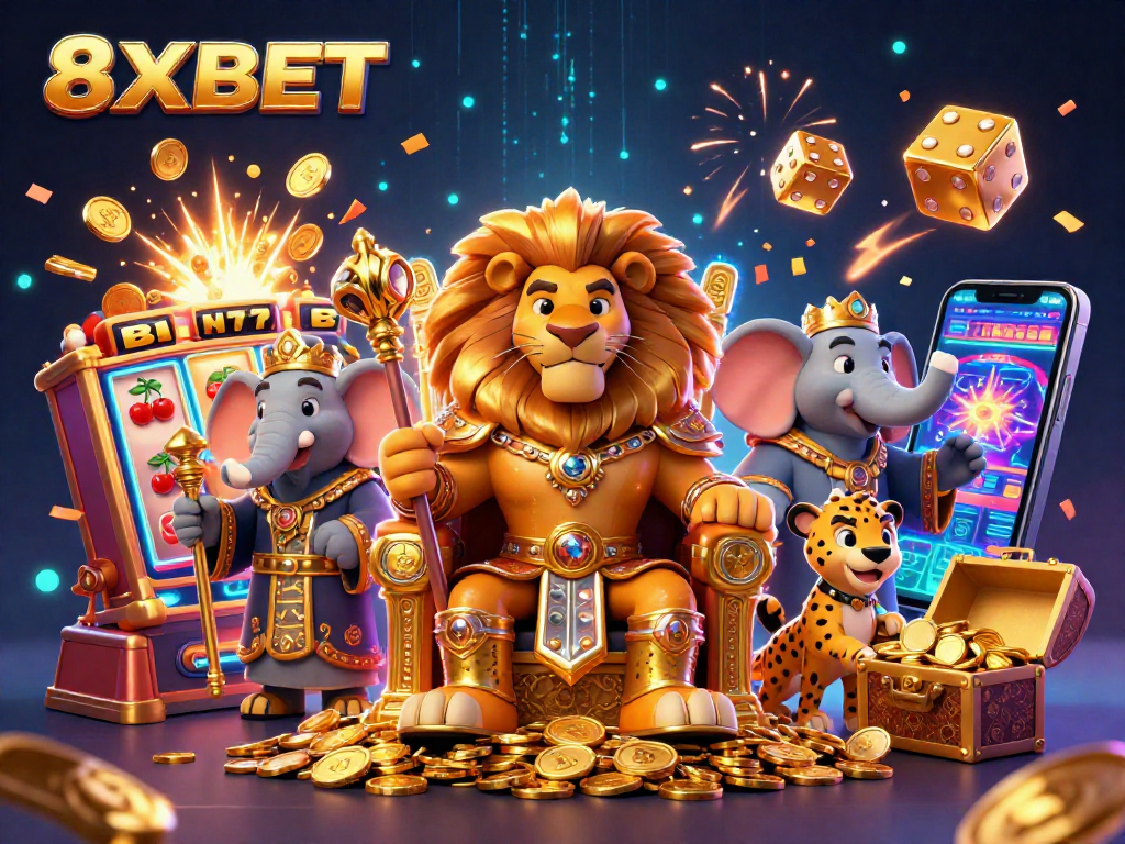 Experience the excitement of 8XBET with a royal lion king and gambling elements in vibrant 3D art.