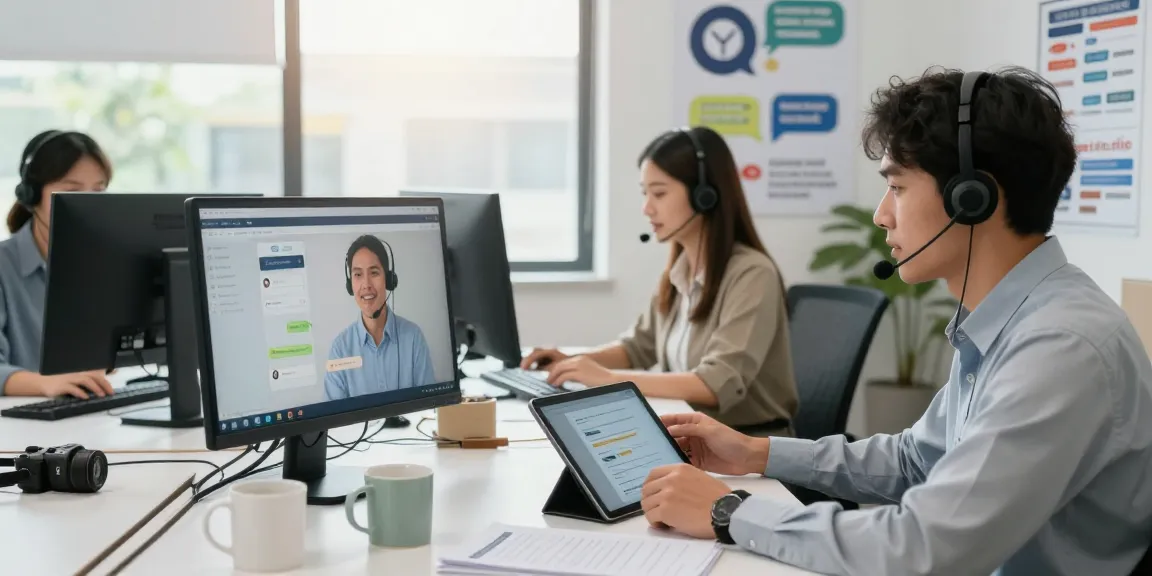 Customer service chatbot in action, featuring diverse agents engaging with clients in a modern office.