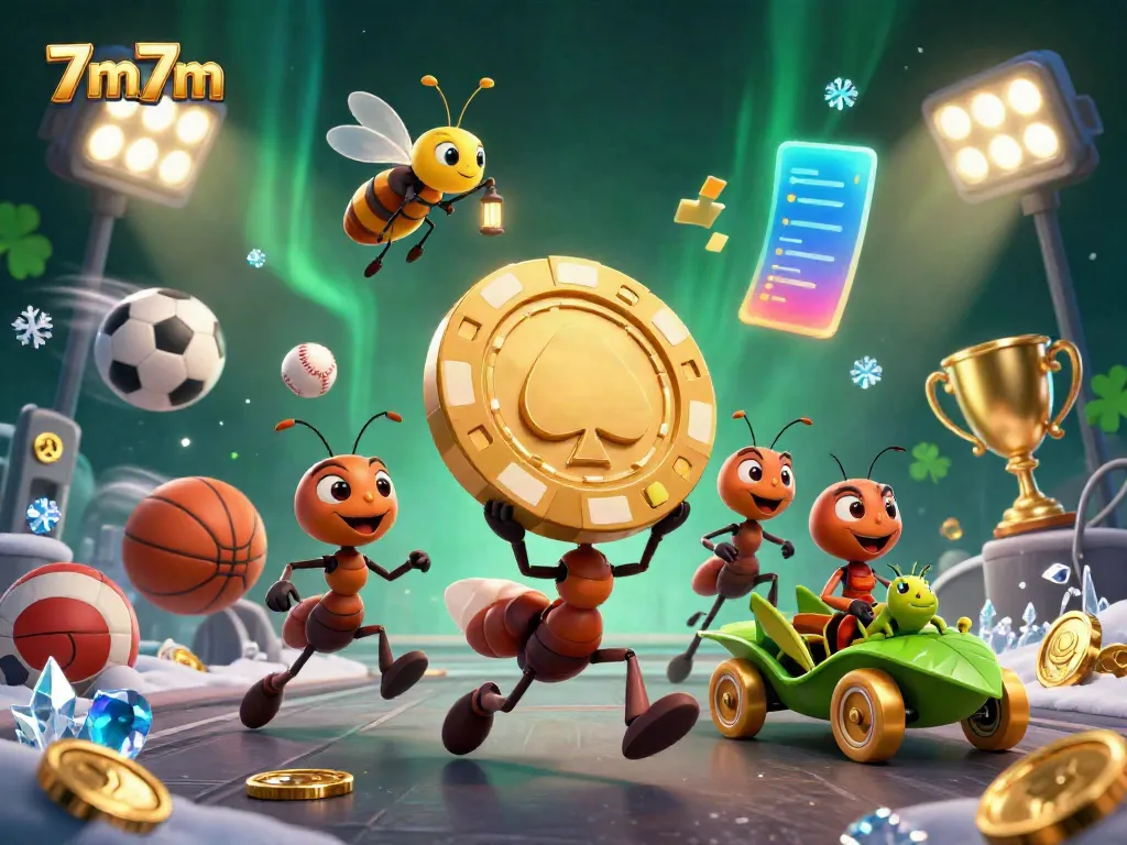 Engage in the thrill of sports betting with 7m7m, featuring a playful heist by cartoon ants carrying a massive poker chip.