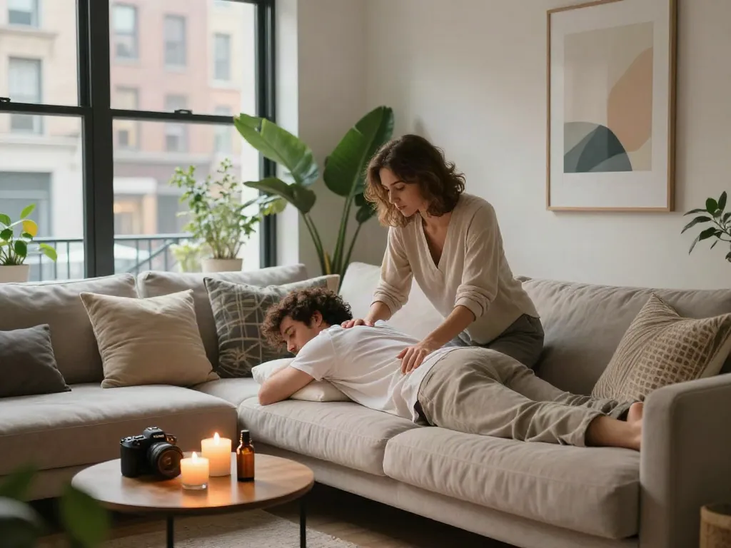 브라보출장 offers a relaxing massage experience in a chic urban apartment setting.