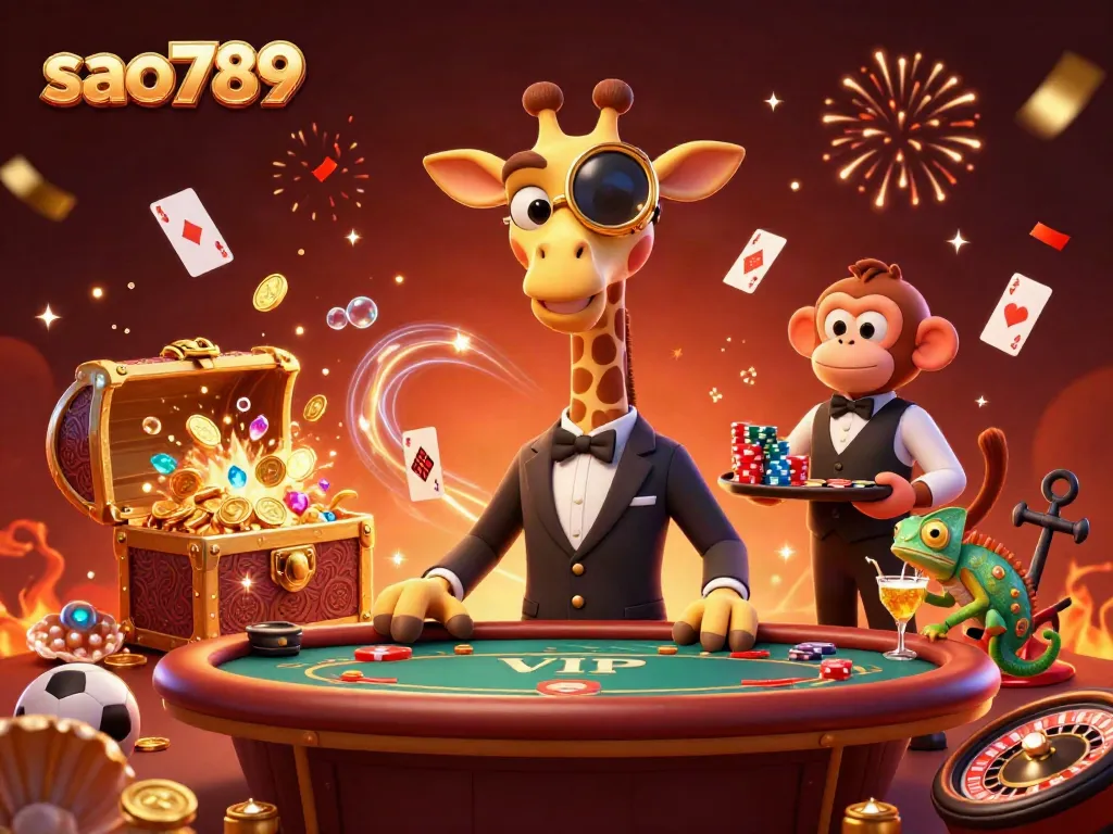 Play exciting games on sao789 with a vibrant scene featuring a high-roller giraffe at a poker table.