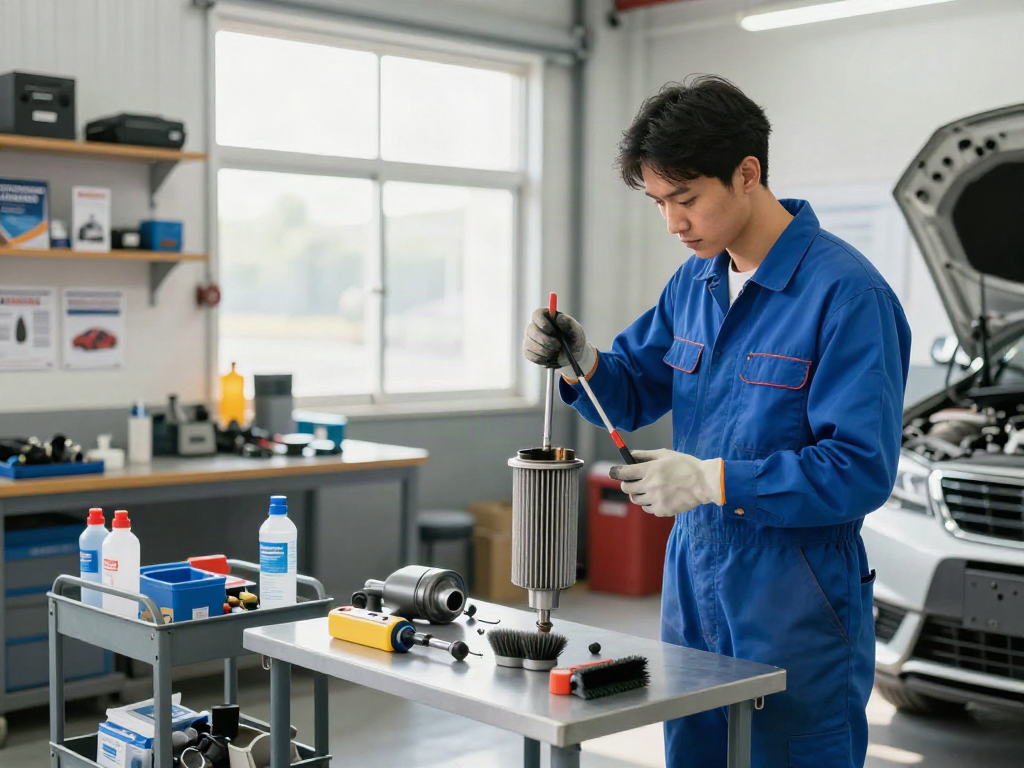 Mechaniker reinigt DPF in einer gut beleuchteten Auto-Werkstatt mit professionellem Werkzeug.