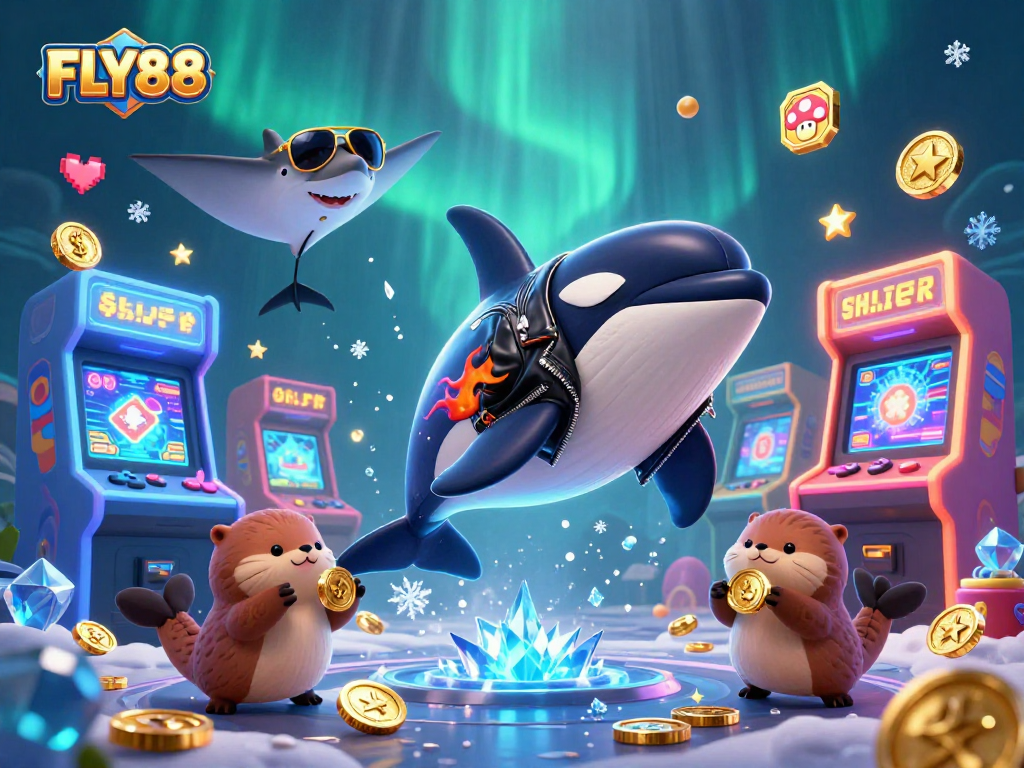FLY88 gaming scene showing a fun 3D orca whale, stingray, and otters enjoying golden coins and arcade vibes.