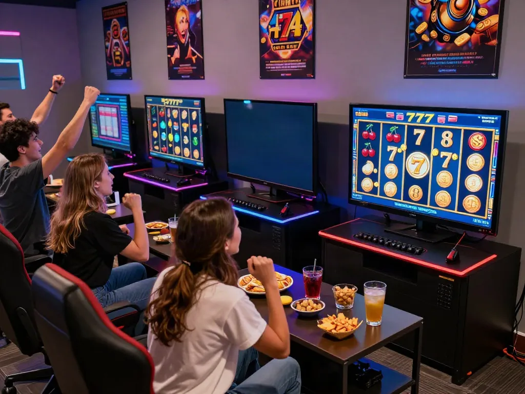 Teman-teman bersenang-senang bermain slot777 di ruang permainan yang penuh semangat dengan makanan ringan.