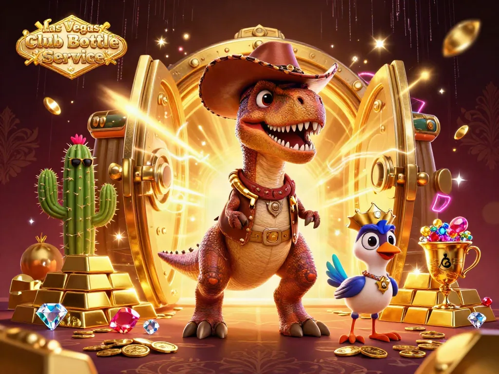 Experience Las Vegas Club Bottle Service with a vibrant 3D scene showcasing unique characters and casino elements.
